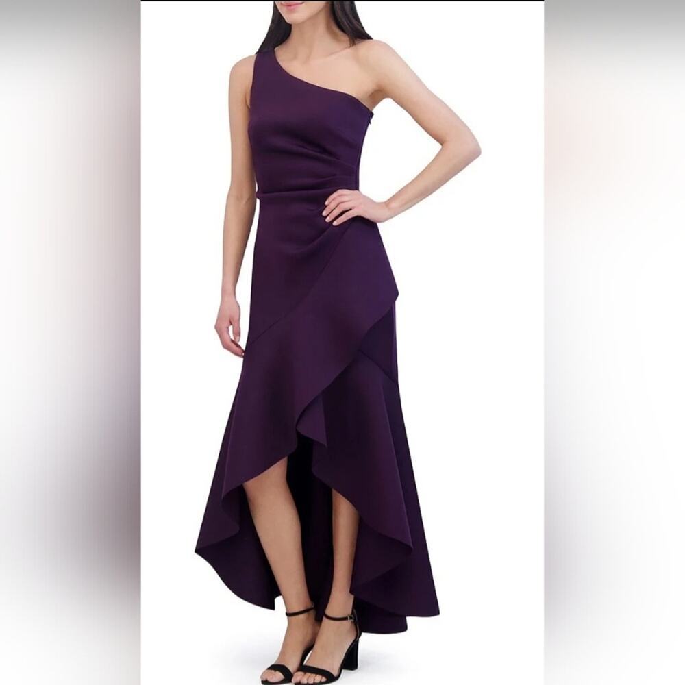 Eliza J One Shoulder Sleeveless Gathered Cascading Ruffle Gown sz 10 formal Prom